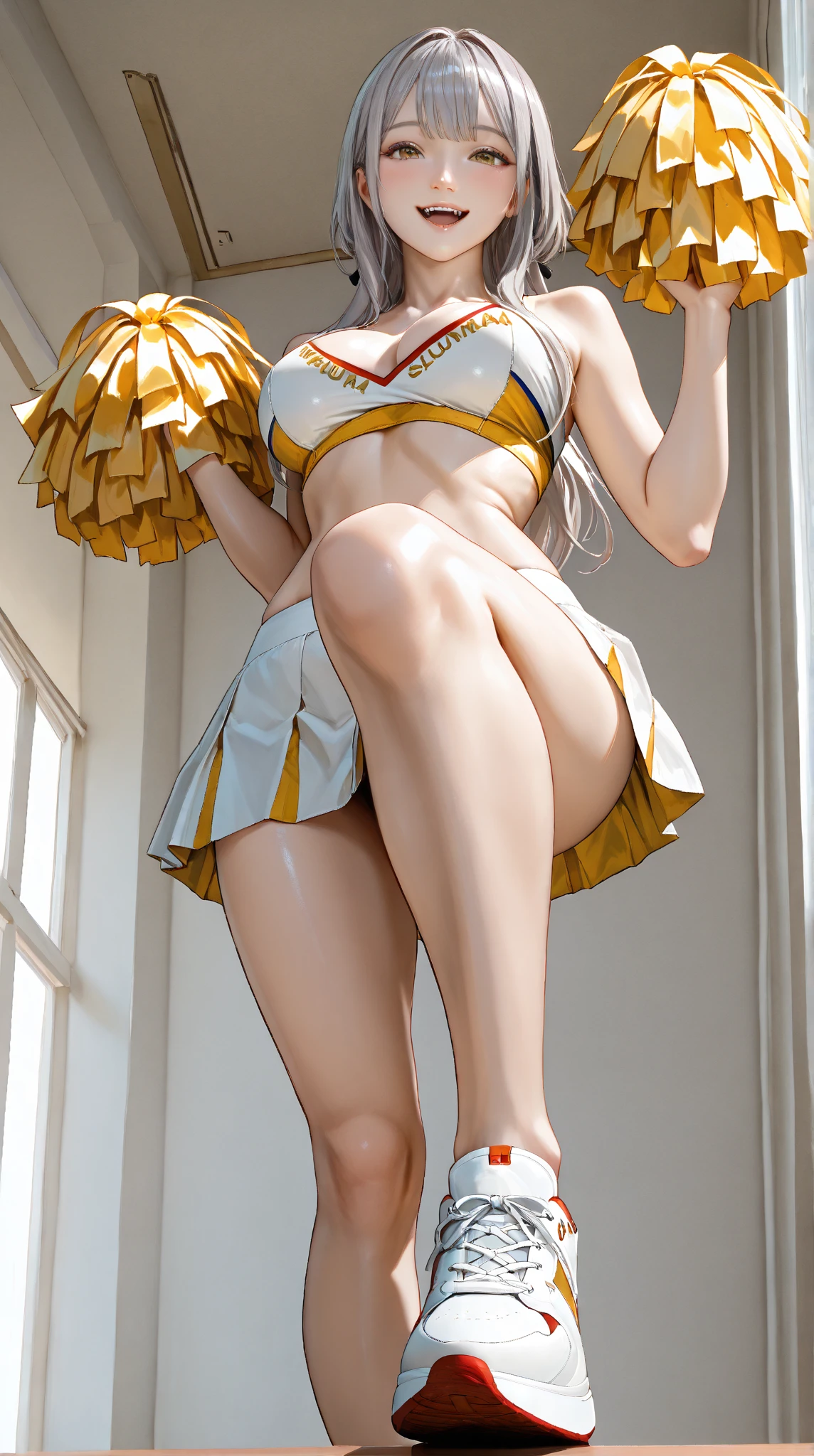Photorealistic, just like image but real girl, cheerleader doing a standing split, long black wavy hair with bangs, black bangs hair, brown pantyhose with cotton gusset at the crotch, cheerleader uniform, 20 yrs old, brown sheer gloss pantyhose, cute bubble butt in pantyhose out to the side, (((light brown pantyhose with cotton panel crotch))), one leg is straight up hyper extended, holding leg up with one arm, hand grabbing ankle of leg that is up, girl face is beautiful and looking right at the camera, photorealistic, shiny realistic dark brown pantyhose