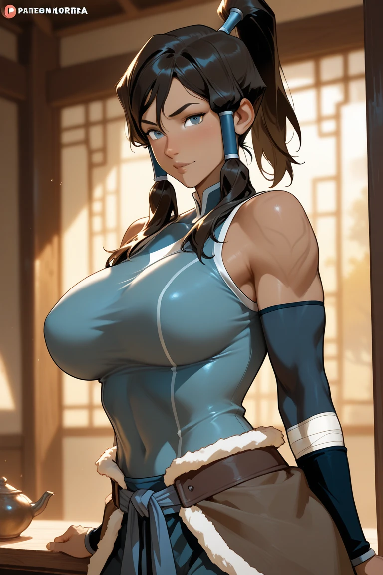 (1girl, aroused, horny, lustful, bedroom eyes, standing straight, solo, looking towards viewer, side view, arms crossed:1.2), (upper body, short, short torso, gigantic breasts, topless, extremely saggy breasts, extremely droopy breasts, drooping breasts, sagging breasts, long breasts, breasts out:1.4), (best quality, masterpiece, highres, ultra high resolution, high quality face, high quality eyes, city:1.1), korra, dark skin, blue eyes, brown hair, bare shoulders, hair tubes, ponytail, long hair , (hanging breasts:1.3), top heavy, (skinny:1.3)