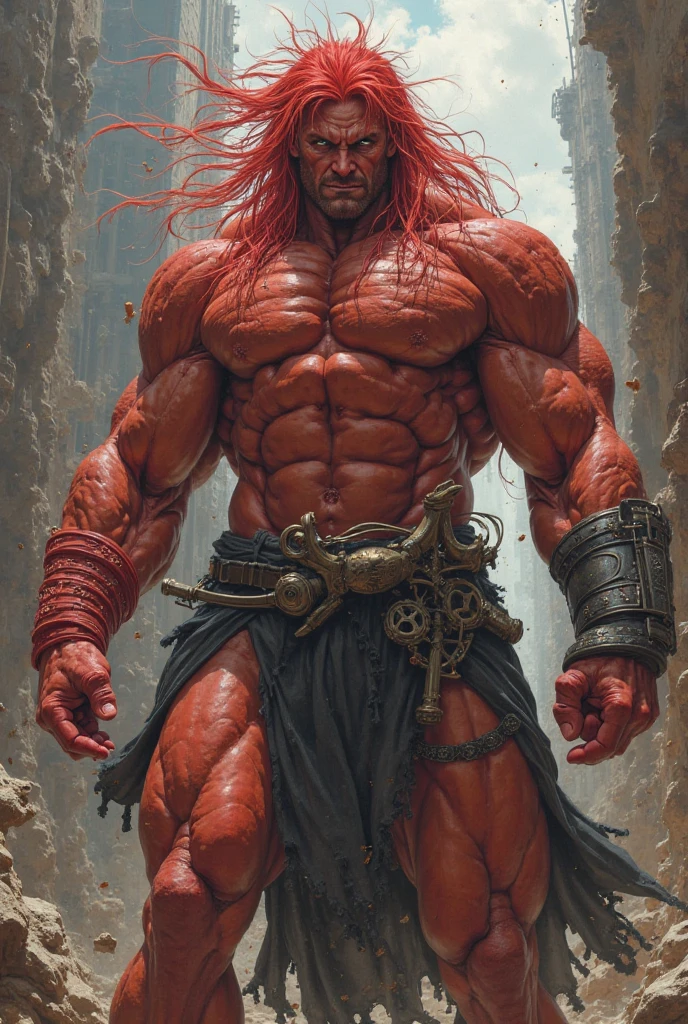 Naked black and red haired muscular warrior with a big dick