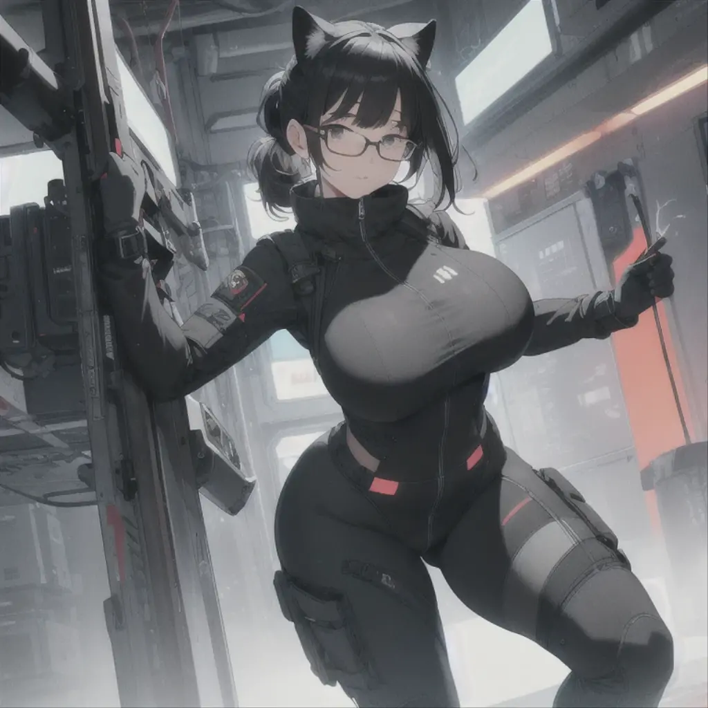 top quality, best quality, High-quality illustrations, masterpiece, super high resolution, detailed background, detailed background, detailed eyes, shy, absurdres(highly detailed beautiful face and eyes)perfect anatomy(kemono, furry anthro), (((character is grayscale))), streamlined integrated breasts tubes connected to valves on breasts and lead down and behind her torso, smaller waist, full squishy thighs, full wide hips, round full butt, smaller torso, more narrow torso, (((Tight tactical bodysleeve under clothing))), (((wearing tight fitted shirt))), (((black fur))), (((dark body))), (((no nudity))), solo, female, kemono, hair, fullbody view, standing up straight, (((detailed eyes))), silver reflective colored iris, city, golden hour, plants, (((by bebebebebe))), by buta99, by pgm300, by kishibe, by suurin 2, by sindoll, by secretly saucy, by ANUKI_ex, (((dark grey hair))), (((wavy hair))), (((black fur))), (((no fur pattern))), (((all black body))), (((black body))), feline, cat, glasses, scifi cyberpunk techwear cargo pants with utility straps, tight bra with thin straps and underbust support that struggle to hold breasts that squish and barely fit with excess breast squishing out from cleavage and sides worn under jacket, bra zips in the middle, bra straps connecting to harness for support, techwear crop jacket with triangle decals, scifi devices and tactical gear, tech harness, utility focused clothing, scifi tactical cylinder canister attached horizontally to her belt behind her with subtle tubes leading out from each side through her clothing and up to her breasts, high collar top, (((dark grey eyes))), open mouth, facing camera, (((messy hair))), short hair, messy ponytail, full body covered in black fur, freckles on her thighs back and arms, no fluids, (((zzzz-cup size breasts))), (((very large swollen breasts that have difficulty fitting in clothing))), nipple silhouette from clothing, inverted nipples, puffy nipple