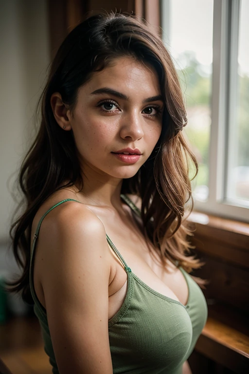 Chest-length portrait of a beautiful Colombian girl, brunette, long wavy hair, glamor makeup, large breasts, green strapless top, eye contact, looking at viewer, masterpiece, best quality, perfect detail, perfect face detail, perfect eye detail, perfect skin detail , depth of field, ideal lighting