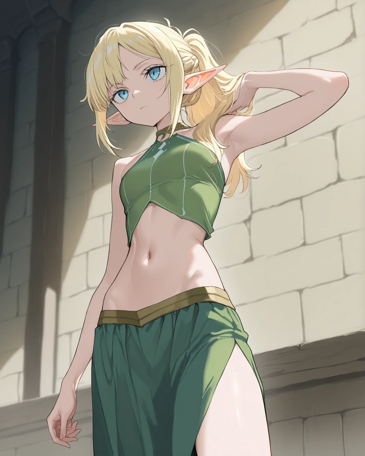 blonde hair,blue eyes,pointy ears,elf,masterpiece, best quality, photorealistic, yujiasuit, yoga sports bra, yoga pants, 1girl, solo, , yoga ball, pants, looking at viewer, smile, green sports bra, simple background, , midriff, long hair, breasts, green pants, sportswear, tank top, upper body,