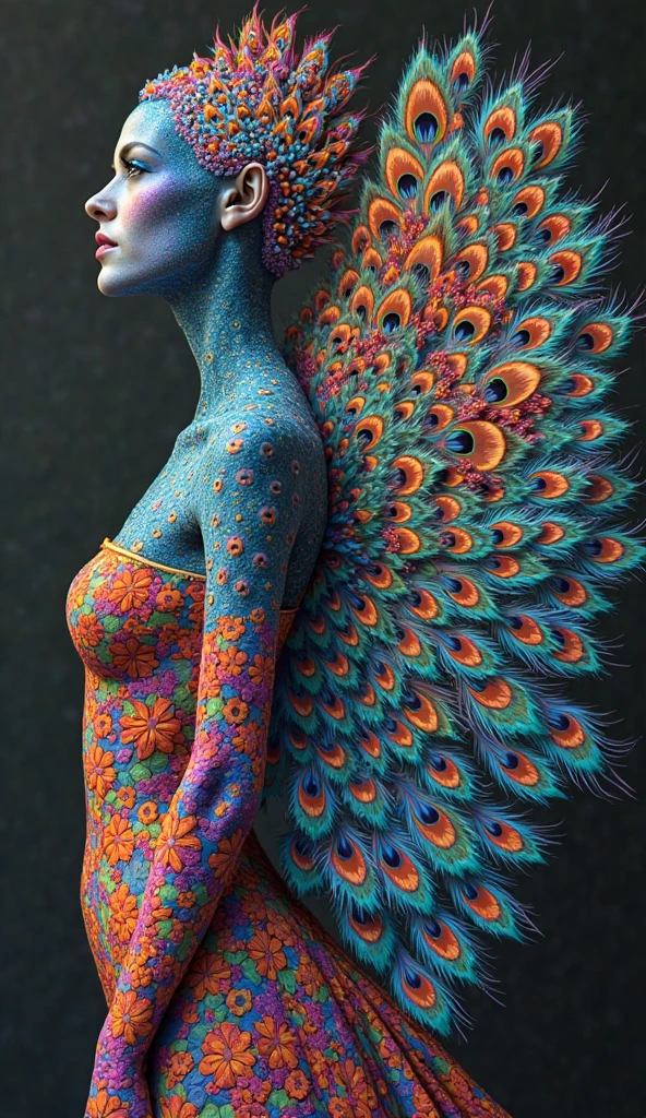 model, with a slender frame, showcases a body paint design of colorful wildflowers blooming across her chest and hips, representing diversity and unity. Her pose exudes a sense of elegance and poise, highlighting the beauty of her unique features.