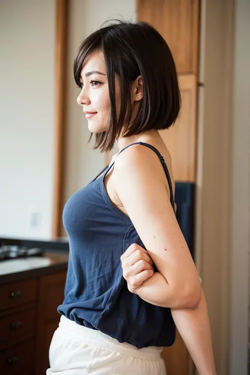 Top quality, 1 beautiful woman, super short Hair, wearing tanktop, shy-smile, Arms Up, backpose