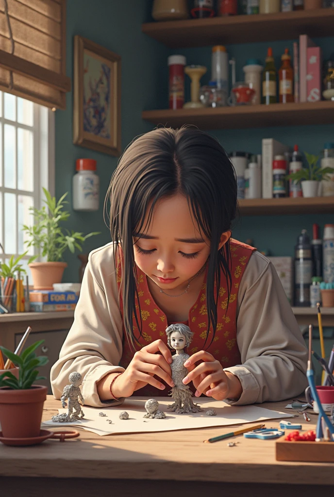 kid artist make the clay sculpture in the studio