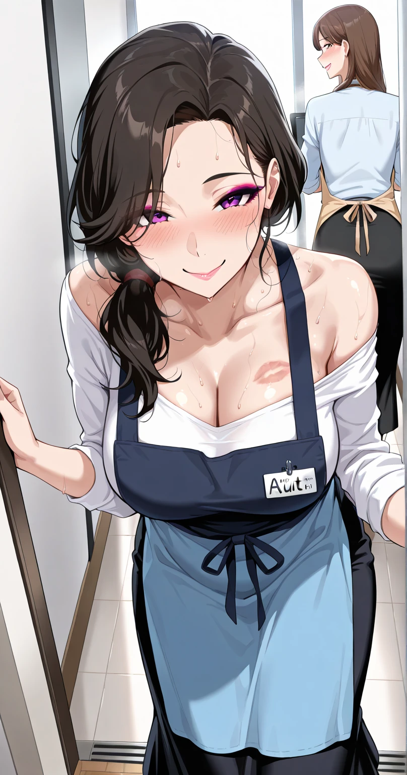 A black and white sketch of a woman. the sketch is wearing an apron that says: Cum here, with an arrow pointing to her crotch. low detail sketch, sketch of an anime girl
