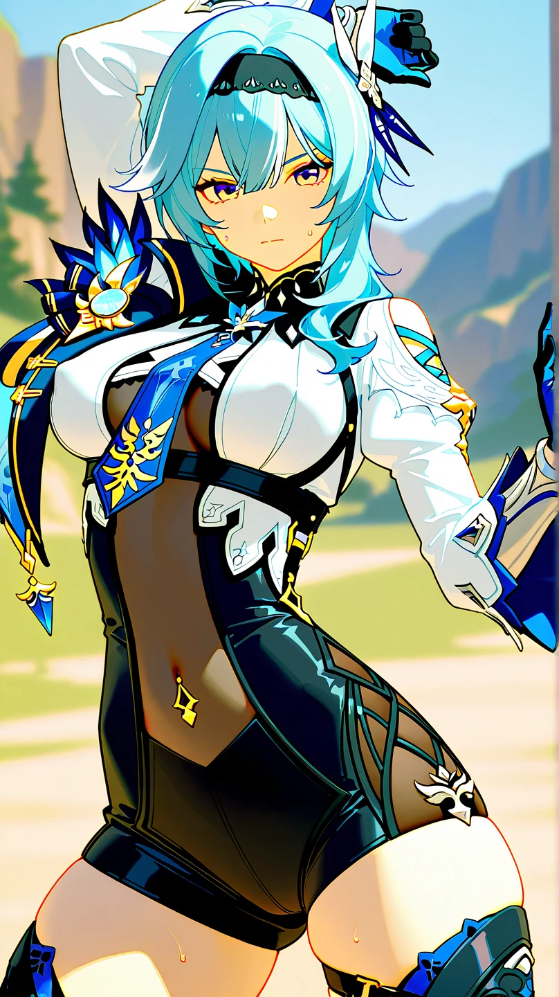 Masterpiece, 1girl, ahoge, animal ear fluff, fox ears, armor, bangs, black gloves, black thighhighs, blue hair, boots, breasts, cleavage, covered navel, day, flower, full body, gloves, grass, hair ornament, leotard, looking at viewer, perfect body, medium breasts, outdoors, short hair, shoulder armor, sky, solo, standing, fox tail, thigh boots, thighhighs, vambraces, yellow eyes, smile, Genshin Impact style