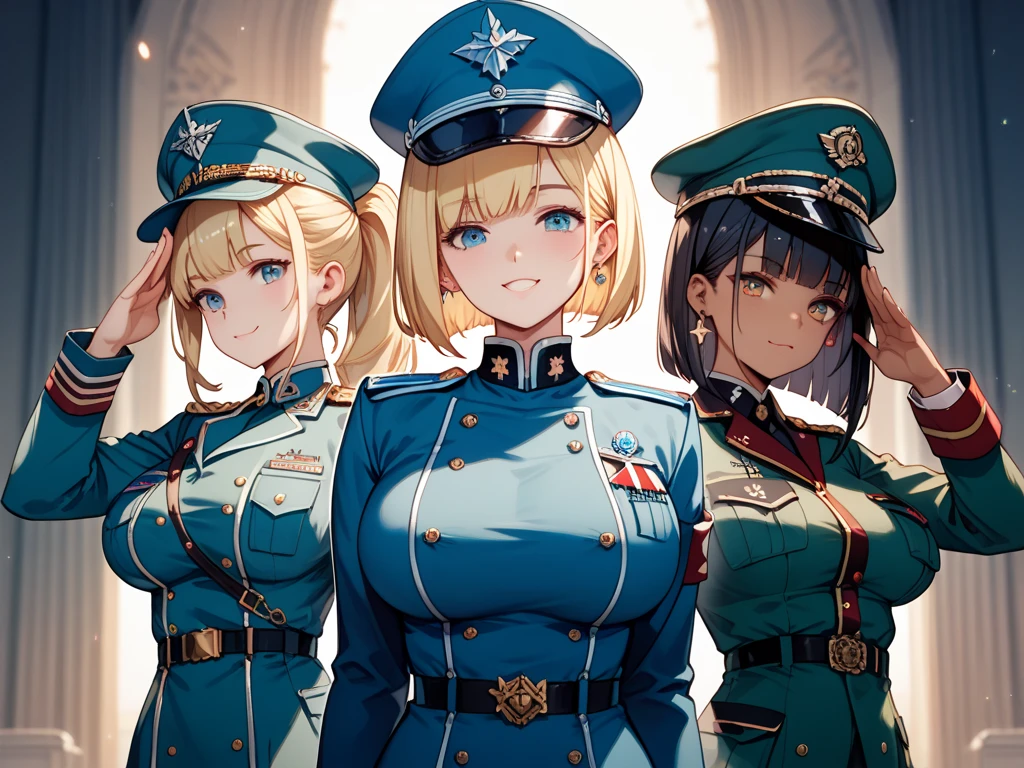 score_9,score_8_up,score_7_up, score_6_up, rating_safe, source_anime, 5_fingers, multiple girls, group picture, 4girls, standing aligned, (salute), gold earrings, large breasts, jewelry, military cap, (military uniform), (epaulette), jacket, harness, thigh strap, black thigh boots, (layered skirt), miniskirt, evil smile, smirk, dark theme, dark persona, skindentation, wide hips,