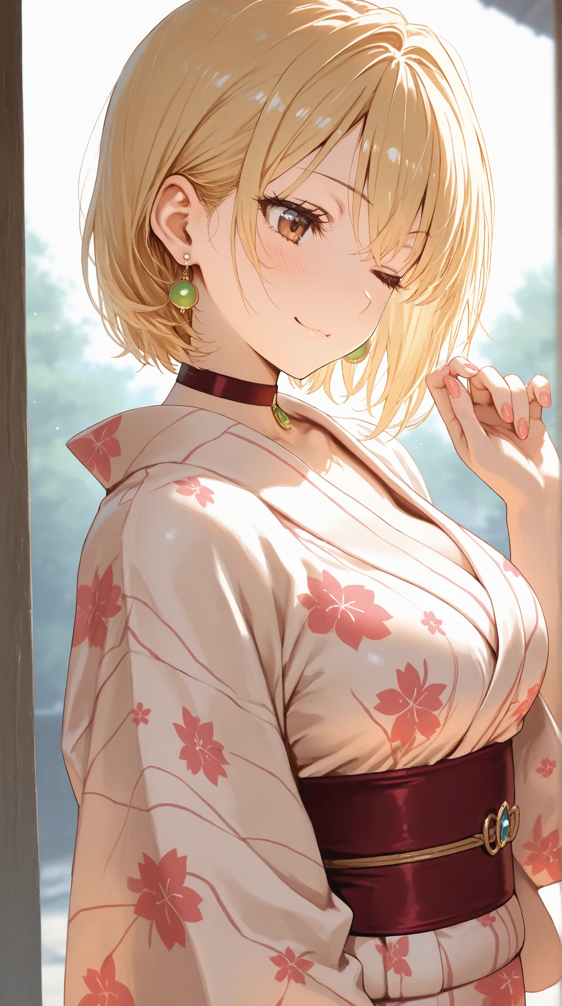 1girl,solo,super detailed skin,shiny skin,natural smile ,eyelashes,lips gloss,blonde hair, hime cut,blunt bangs,short hair ,large breasts ,floral printed yukata,countryside ,masterpiece,best quality,ultra detailed,high resolution,sharp focus,depth of field