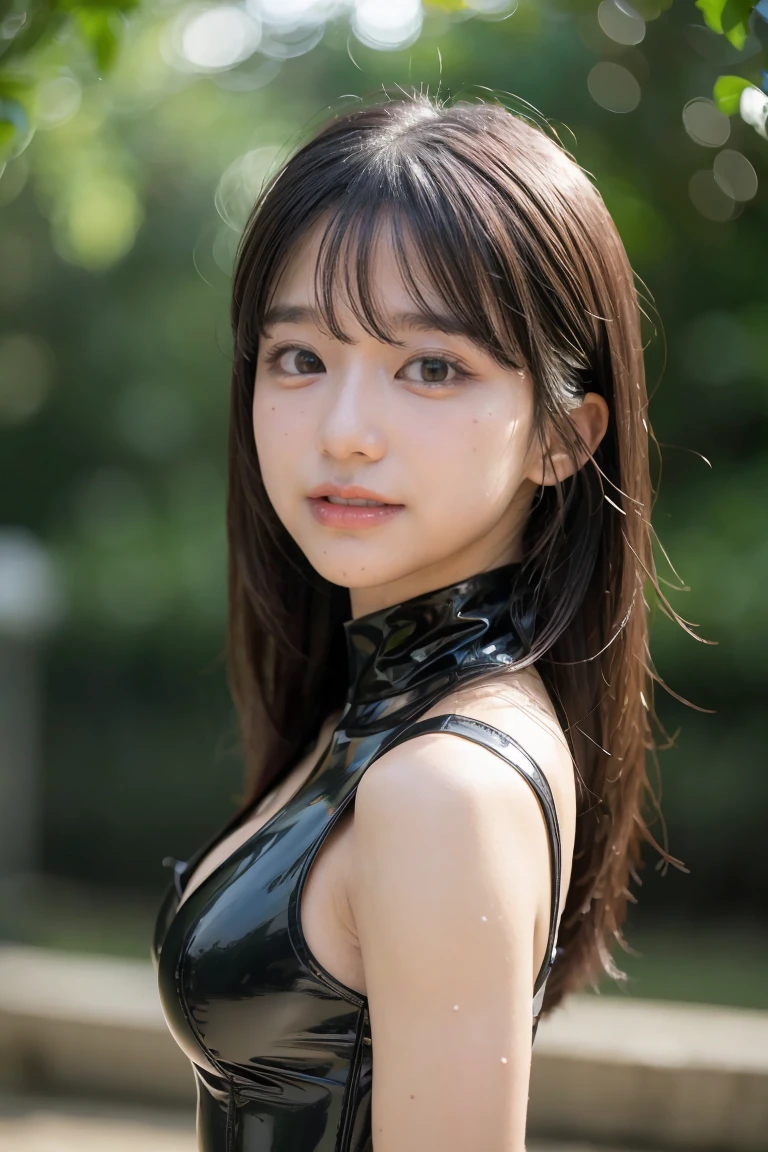 Rubber texture shiny black shirt、A shiny red tight mini skirt with a rubber texture、（Large Breasts:1.4)、Japanese、Gravure idol、Cute 18 year old girl,Black hair in a ponytail, masterpiece, 最high quality, 超high quality, high quality, High resolution, 超High resolution, Absurd, 4K, 8k, 16K, Very detailed, Realistic, photo Realistic, RAWphotograph, photograph, Super Fine Illustration,Beautiful Face、Realistic Face、(Ultra detailed hair)、(Ultra-detailed eyes)、Beautiful details、Realistic Skin、Perfect Anatomy、(Detailed skin)、Beautiful Skin、Charm、Ultra high definition、Ultra-realistic、Correct Anatomy, Perfect proportions