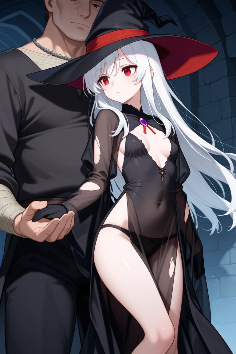 ((queen woman)),((with penis,large penis,soft penis)),cloak on back,with crown,((medium breasts, bare breasts,((white hair with ponytail, red eyes)),((standing, in a haunted castle, at night)) ,