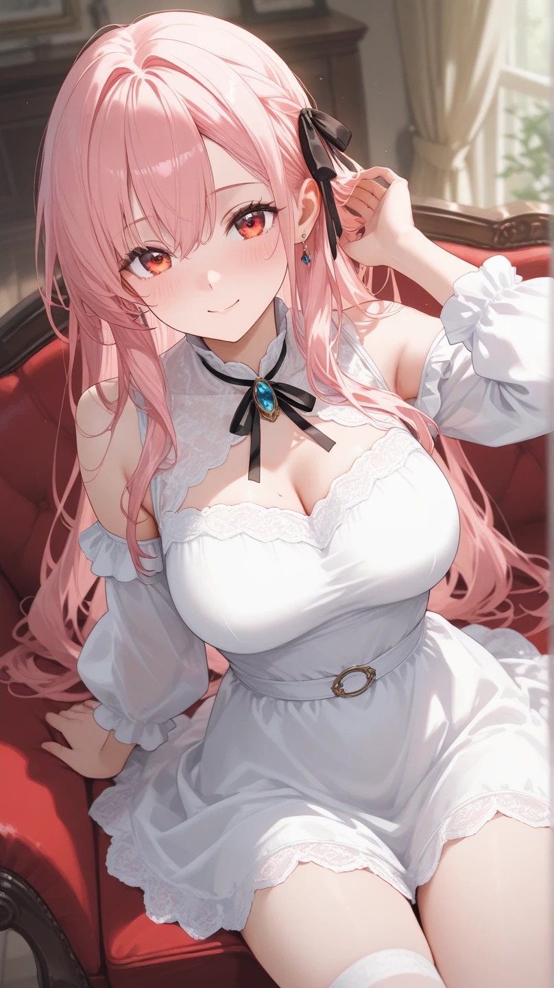 (masterpiece:1.2), (best quality:1.2), bedroom, best illumination, best shadows, cowboy shot, best lighting blue eyes, tiara, pink hair, white dress, large breasts, white stockings, very long hair, (parted bangs:1.2), (forehead:, pink panties, gloves, exposed shoulders, cleavage