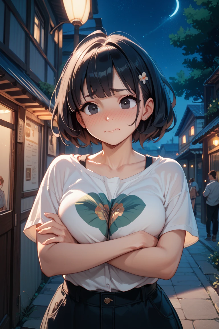 Anime illustration、highest quality、A short and plump high school girl、Shrine torii gate、Summer Night Festival、A row of food stalls、Oversized printed T-shirt、hot pants、Perfect proportions、overwhelmingly big breasts、Thick legs、Beautiful, shining eyes、Cowboy Shot、smile、Excessive sweating、Noise Reduction