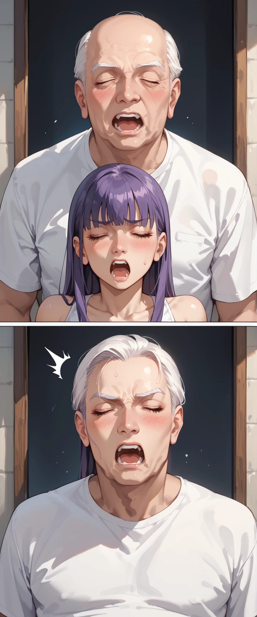((MULTIPLE PANEL COMIC ))please generate a multiple panel comic of old womanman expression. , Woman(,purple hair, bangs, straigh hair, long hair, bob, pale skin, screaming angry, blushing , eyes closed) (( old man, surprised, white hair, behind the woman))((old man behind her,old man behind))