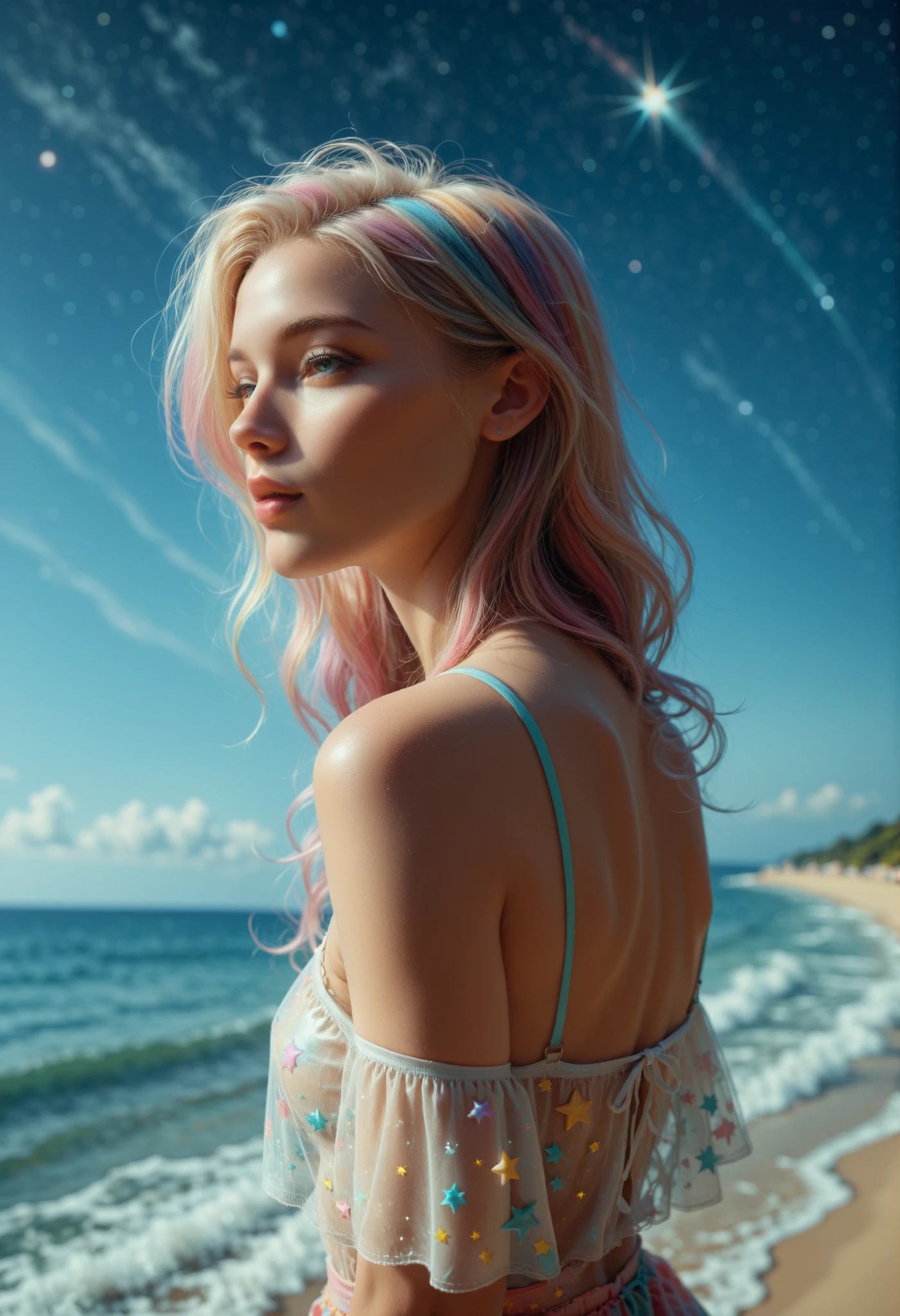 A woman standing facing the ocean,The woman is showing her back,The sky is filled with stars,Countless flowing stars,She looks up at the starry sky with her back,See-through Pastel Wraps,Composition showing the whole body,