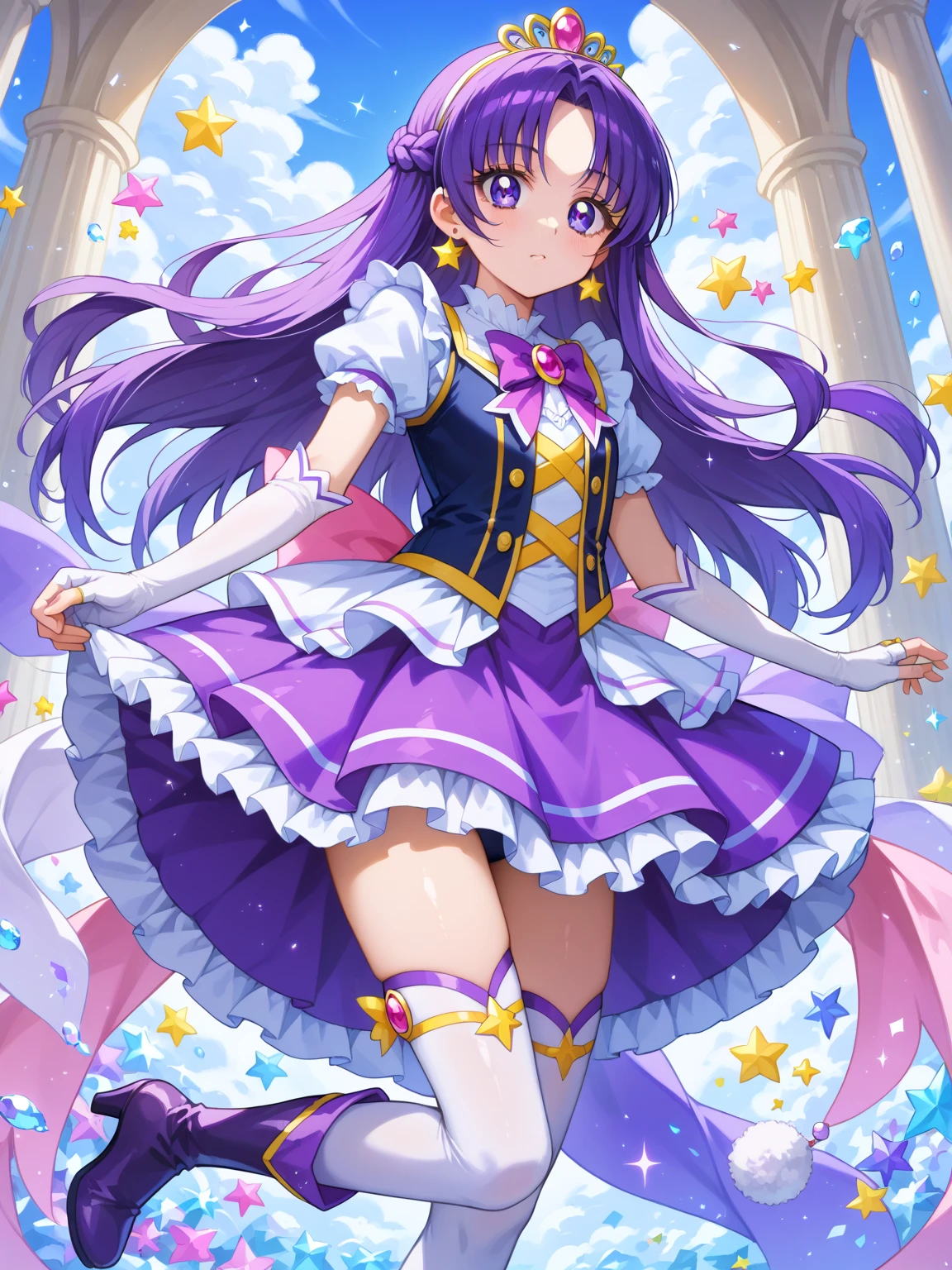 (((Panty shot)))、mini skirt、(((Rainbow Magical Girl Costume))、Beauty、(((Purple Hair Ponytail)))、((whole body))、(((photo taken from below)))、night sky