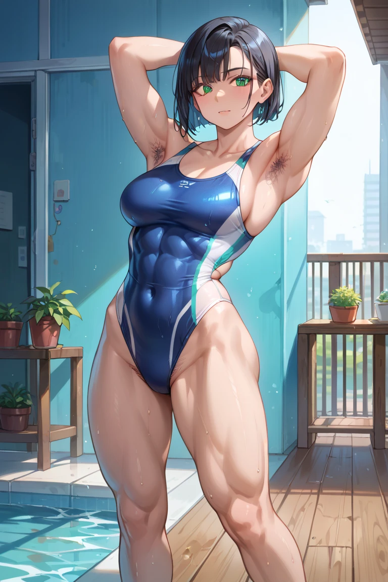 masterpiece,best quality,best resolusion,1 girl, ,shiroko character,detailed,conjoined twins,has two wolf ears on top of the head, has a round blue circle of light,short silver hair,blue hair ornament,blue eyes,wearing a tight dark blue women's swimsuit,normal breasts,beach background,beautiful face,beautiful eyes,beautiful body,beautiful hand,beautiful hair, (running:1.4), (jogging:1.4), (wide hips:1.8), (thick thighs:1.8), (extremely muscular:1.9), (muscular:1.9)