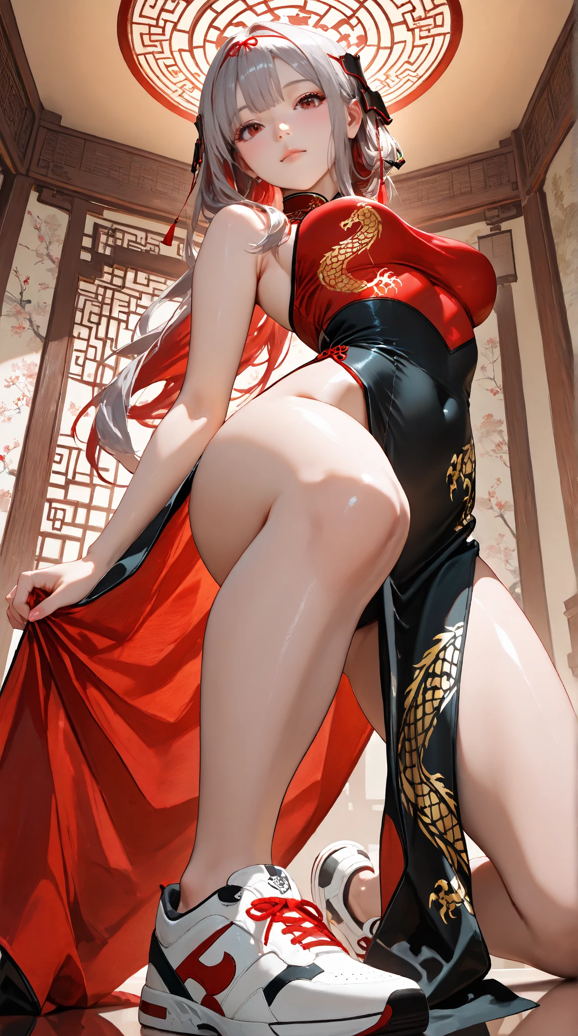Best quality, 8k, a woman, blonde hair, long hair, double ponytail high split cheongsam, black stockings, high heels, white silk gloves, earrings, (tattoo), armpits, seductive smile, hands behind head,