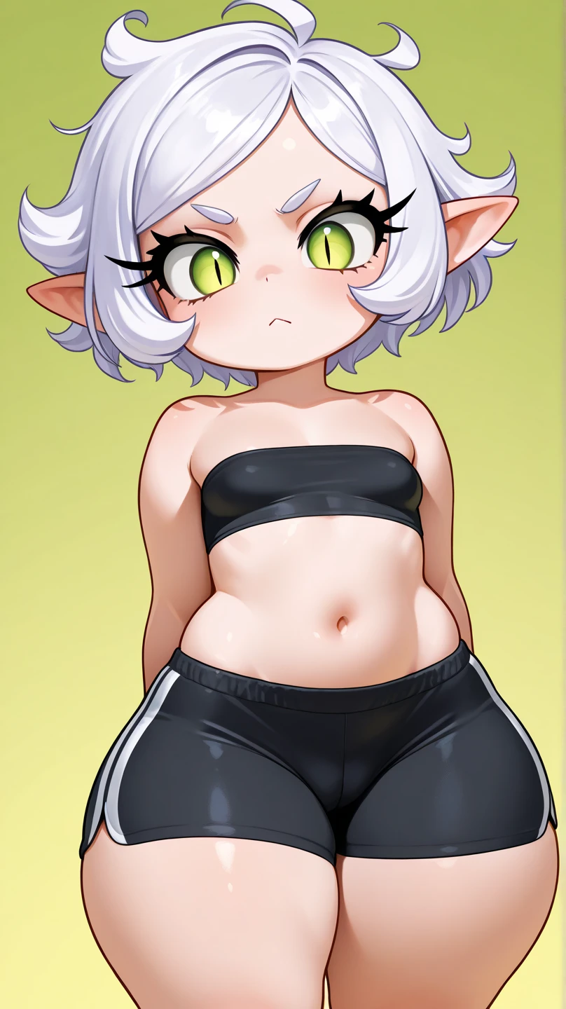 high quality, high res, outline, , mouse, rodent, female, by whygena, reggie_(whygena), , wide hips, flat colours, outlines, lines, huge thighs, white body, pink rat tail, white hair, short asymetric hair, green eyes, long eyelids, eyes looking down at , cheek tuft, black sport bra, sport shorts, black sport clothes, flat snout, small snout, asymetric hair, blush on face, underboob , huge breasts, huge thighs, hands up, girly wrist, 4fingers.