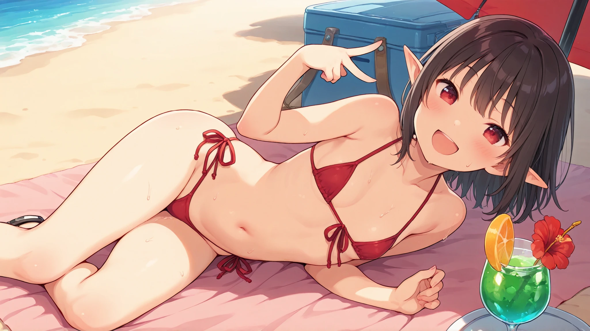 red thong bikini, elf girl, small breast, beach, sunshine, sand, umbrella, happy, sweat, cocktail glass