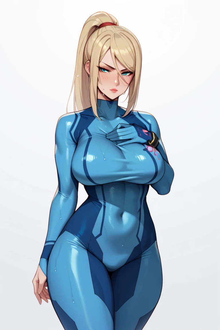 1girl,Samus aran,solo,green eyes,blonde hair,blue body suit,no sleeves,bandaged head,bandaid on face,bandaged arm,cowboy shot,in bed room,Science fiction,ultra-detailed,sharp focus,aesthetic,(best quality)