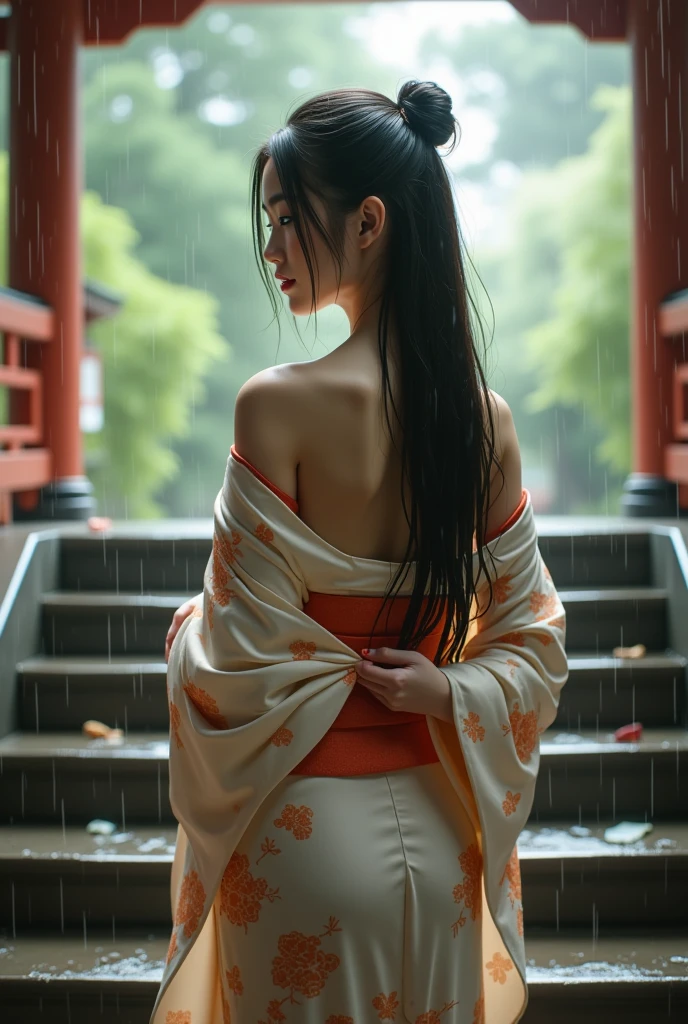 Wearing a wet, see-through white kimono、Realistic Japan woman in a temple, Tie your hair、How to put on a hairpin、it's raining、Belly piercing