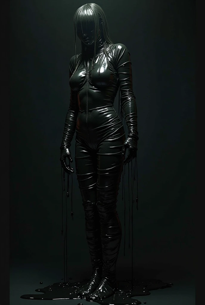 full body view, best quality, detailed drawn hands, realistic fingers), (masterpiece, sidelighting, finely detailed beautiful eyes: 1.2), ((Best quality)), ((masterpiece)), (highly detailed:1.3), anime, slime is dripping from girl's body, background is visible through girl's transparent upper body, translucent goo, transparent slime, standing, (white face color, covered in white goo), black stains on body, dripping black goo, covered in black|white goo, young girl, slime girl, messy, half black and half white slime, , head covered in black goo, extremely long hair, red eyes, hair between eyes, merged with goo, melting body, dripping with slime, half black body color, liquid body, white skin color, liquid hair, slime covered hair, black hair, masterpiece, clean image, high res, HD, high quality