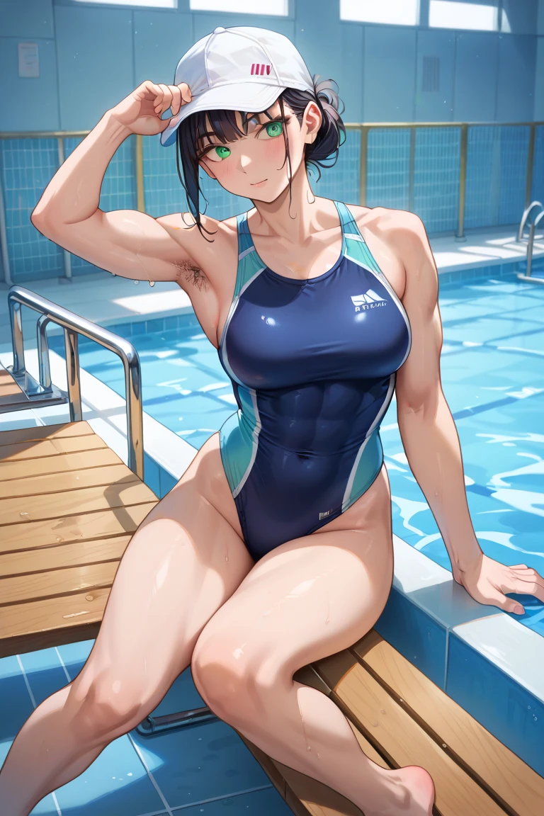 ((masterpiece))、((Top image quality))、((top-quality))、(((Illustration of one woman)))、(((muscle woman)))、((30-years old))、((neuter))、(long hair with red hair)、Blue eyes、((Long body))、(((perspiring)))、((Steam wafting all over the body))、((Body wet with sweat))、(((Muscular and strong body)))、((Split abs))、(((muscular and thick arms)))、(((muscular and thick thighs)))、((manspreading))、((Sports Swimwear))、Sitting on a deck chair、in poolside