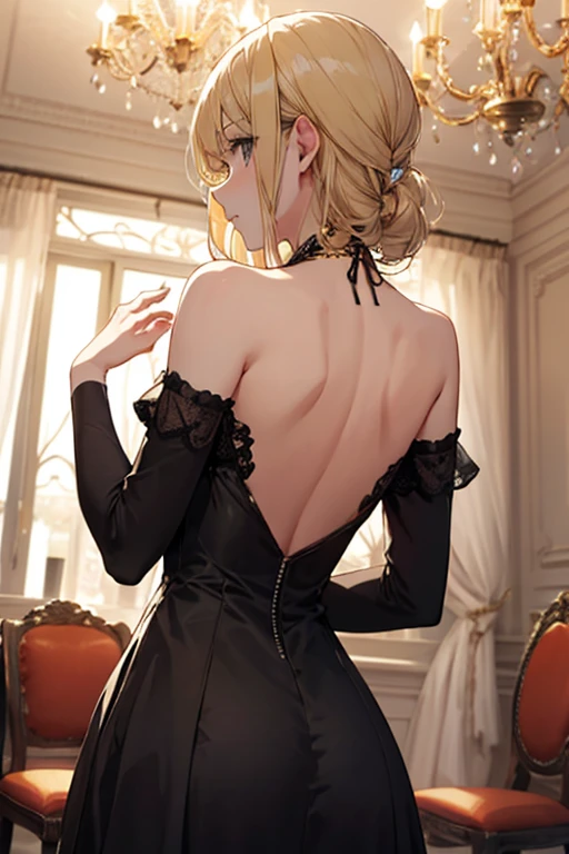 (girl1),(pretty),(Looking at the viewer's camera with the body turned to the viewer's camera:1.5) (himiko toga),(Character in the series boku no hero academia),(Short blond hair with two pulps and yellow eyes with pupils of Short blonde hair with two pulps and yellow eyes with cat pupils),(wearing) , +,(\dressed as a maid, and maid's outfit and super revealing on the back, I lowered the short skirt a lot, showing her legs, and a little of her panties, and the part of the apron at the back of the skirt is very low, showing her delicious buttocks, and over the maid uniform it looks like a very short and sexual bra, and she has an ass big and super big breasts, she is super busty and has very big buttocks)/