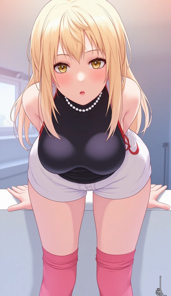 blonde hair, thick hair, long layered hair, voluminous blonde hair, volume long hair pink flower in hair, pink hibiscus flower in hair, green eyes, big lips, wearing pink lip gloss, long hair, giant breasts, nice top, skin tight shirt, sexy shirt, midriff, hourglass figure, (narrow waist), thick thighs, luxury, crowded space, defined stomach, standing, atmosphere, nice ambiance, pink, kawaii, puckered lips, standing, background, cleavage, leather skirt, micro skirt, detailed face, flushed face, detailed green eyes, green eyes, head tilt, intimacy, low angle, low shot, hair ribbon, hair clips, tan skin, tan lines, shiny skin, shiny lips, thick eyelashes, big thighs, thick thighs