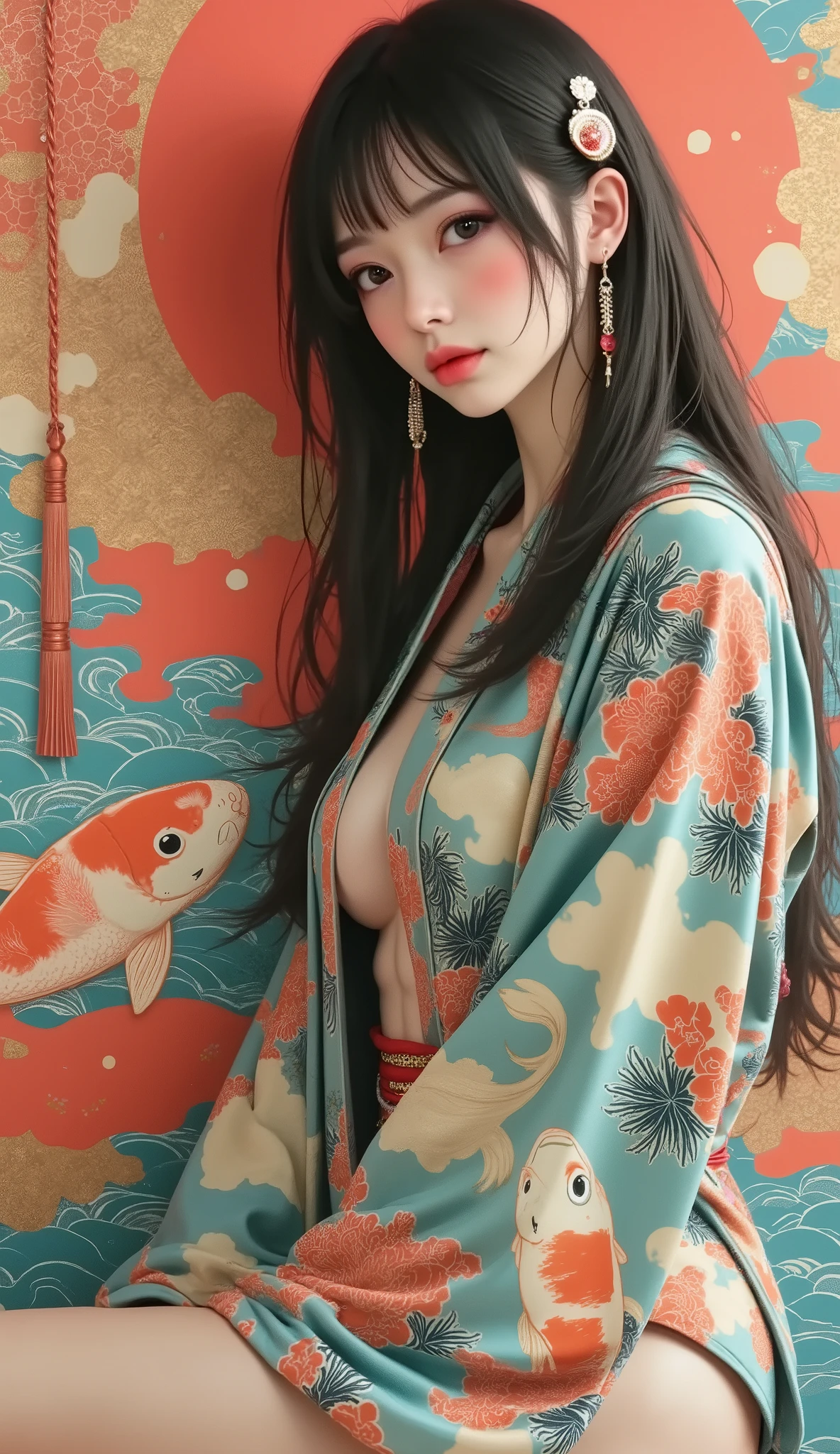 masterpiece , Ultra Detailed, Nostalgic , ( ), (( dynamic angles :1.8))(( THICK MUSCULAR LEGS :1.8)). portraits of traditional young women, However, artistic , vivid, detailed kimono , Decorated with intricate flower patterns and koi fish patterns . landscapes have strong red Japanese aesthetics , Blue-green , Golden shades . woman has a calm expression、Understated Makeup , with faint blush and clear eyeliner . Her dark hair 、Elegantly styled with hairpins and stylish ornaments , Complementing the kimono pattern . 周囲にはvividコイのイラストが描かれている , mixed with abstract shapes and traditional Japanese patterns , A fusion of modern and traditional art elements . The piece is rich and dynamic , There is、emphasizes the fusion of cultural elegance and art .