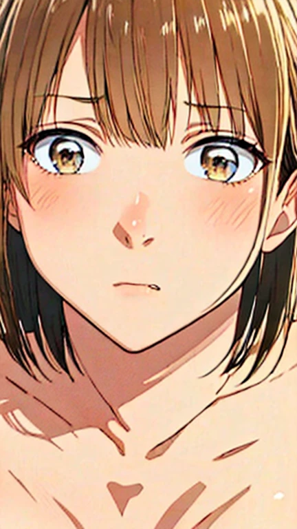 Portraiture, alone focus, alone, close, (White Background, Plain background, Simple Background:1.3), Viewers watching Horimiya_Yuki, One Girl, tainaka ritsu, alone, Brown Hair, short hair, Brown eyes, Embarrassed face、blush、(Huge breasts:1.2)、White Bikini