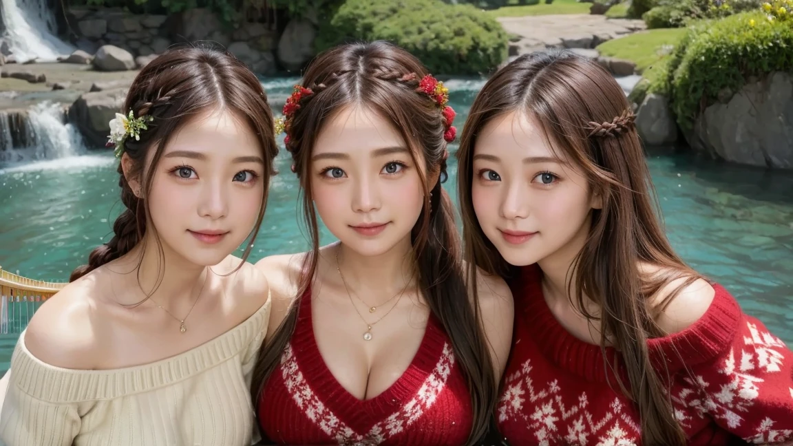 ( 3 girls),smile、Look into the camera、diamond necklace、braided hair, red tank top,revealing upper arms、Blue-green striped knee-length socks Extra long double tail feathers、close range shooting、Flower Hair Ornaments、Close your eyes、Garter、 Masterpiece, Highest quality, 8ก, beautiful girl, young face、 photography, Cute face, thigh, Sitting on a rock in a waterfall,、รอยsmile、small waist,(((The chest is erect..:1.0)))(((round chest:1.0)))(((big breasts:1.1)))