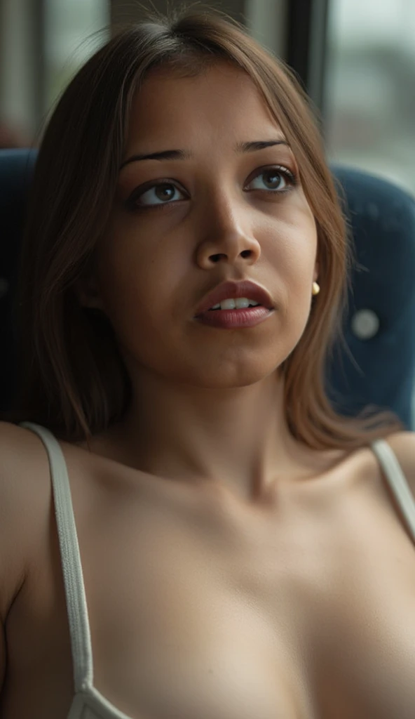 18 cute, egirl, brown hair, sitting in an armchair, legs open, naked legs, showing nice small cock, futanari, 8k, white baggy T-shirt, large natural chest ((covered by tshirt)), dark moody living room, camera flash