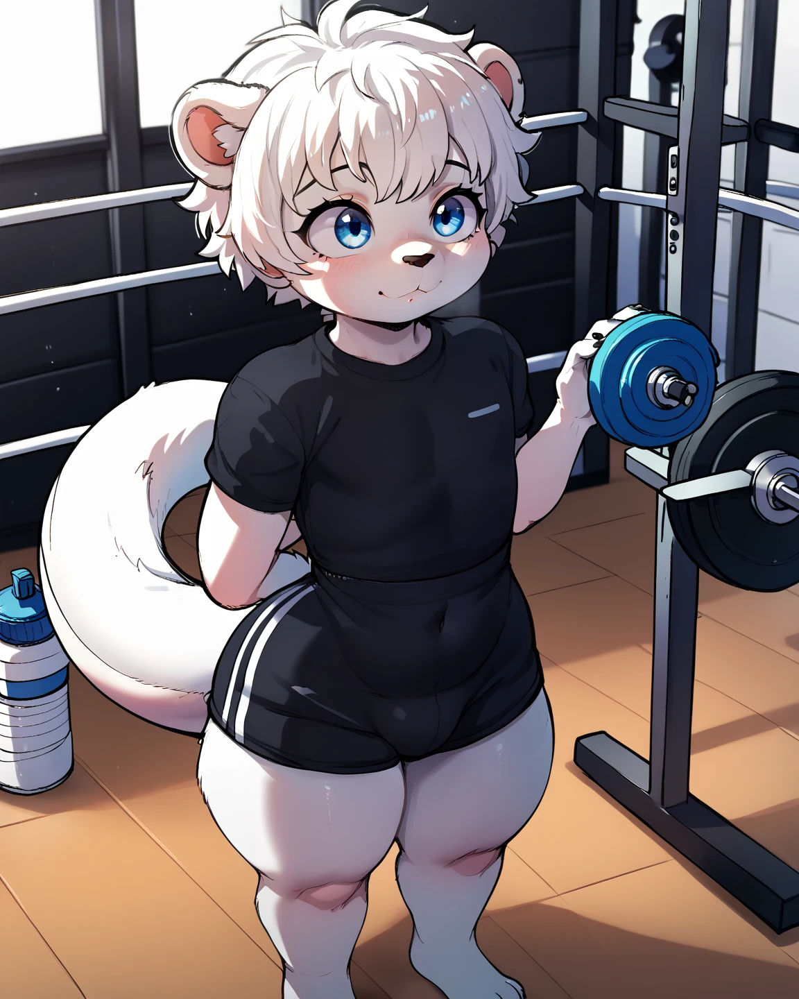 furry, curvy wolf woman, chubby, cute, white wolf, wearing a tank top and shorts, green eyes, short white hair, in gym, hand drawn, 2D, comic realism, warm lighting, one peraon, pluse sized