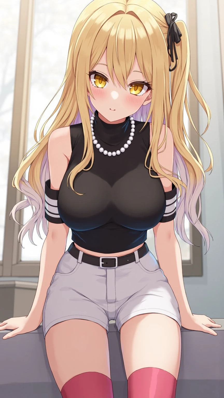 1girl, yellow hair, green eyes, smiling, black tank top, blue jeans, medium breast, looking at vewers, flipped hair hairstyle, The Retro Hair Flip Trend, masterpiece, 8k, 16, 32k, shiny skin, UHD frekles on her skin, bootcut, cleavage, HDR, 4K, 8K, High quality, Ultra high quality, big forehead, cowboy shot,