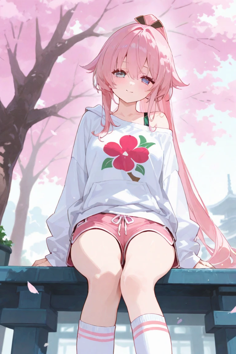 haruno sakura, naruto \(series\),( legs,bare legs,thighs:1.2), 1girl, blue headband, cherry blossoms, green eyes, grin, hair intakes, headband, jacket, long hair, looking at viewer, pink hair, red jacket, sketch, sleeveless, sleeveless jacket, small breasts, smile, solo, portrait , ((masterpiece)),