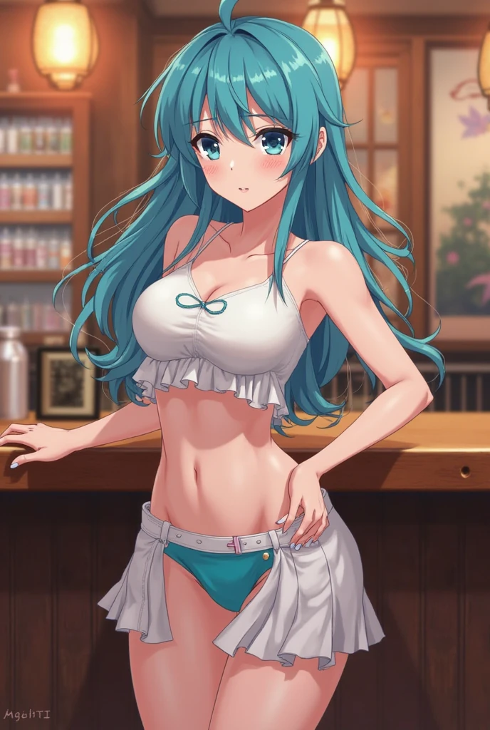 masterpiece,Ultra-high resolution、Highest quality、Sexy pose、Dimly lit bar background at night、Lime green hair、Tie your hair back:1.2, blue eyes, Sexy look、Tilt your head、Large gold earrings and necklace:1.5,、Model walking、Small breasts、The body is very slim、skinny、Plain white panties、Tight waist、Thin thighs、Spread your legs,Cowboy Shot、White and hot-pink lace-trimmed ruffled skirt bikini、Lace-trimmed ultra-mini skirt、Black knee socks:1.8、Underwear Focus