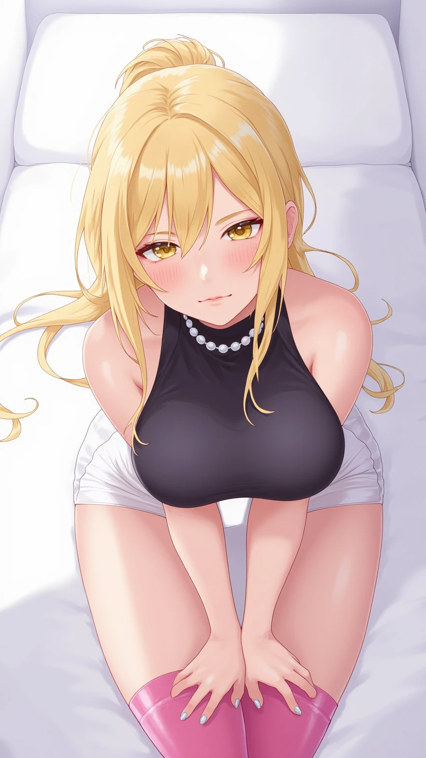 Blonde hair, yellow eyes, sexy, large breasts, beautiful body, white bra, white lingerie, white underwear, bed