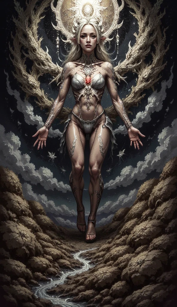 Description anatomique des muscles du dos d'une femme avec des ailes de dragon dans le dos, levitating in a stormy sky, ((wings attached to the back)) , (hyperRéaliste, very detailed, anatomie parfaite, muscles very detaileds), lightning