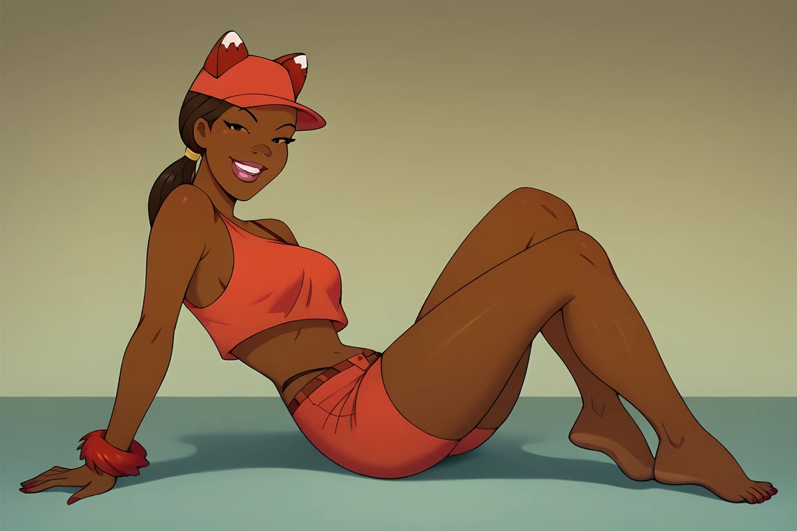 woman, dark skin, black hair,orange crop top, orange short shorts, fox ears, hat with fox ears, fox tail,big lips, looking at viewer, serious
inside, mansion living room, simple background, hands on hips, sexy pose, extreme detail, hdr, masterpiece, beautiful quality, <lora:FoxxyLoveV1:.6>