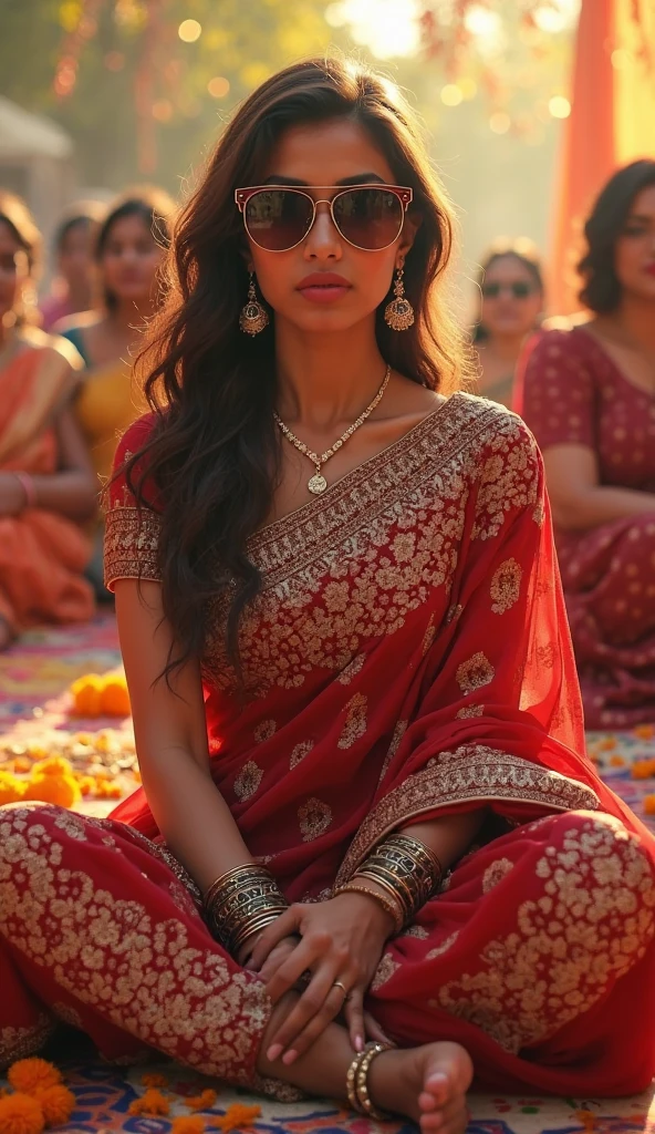 An Indian vampire woman with golden-brown skin and long, flowing black hair, blood dripping from her lips as she wipes it with the back of her hand. She wears a deep red sari with intricate gold embroidery, now tainted with blood. The setting is the Taj Mahal under a starless night sky, the white marble reflecting the faint glow of the moon. She stands in the garden, her eyes cold and distant after a fresh hunt.
