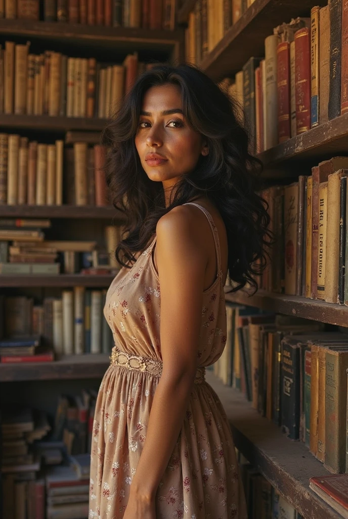Fashion long runway dress in a heavenly Oxford library worn by a south asian girl. The girl has flowers and pearl in her hair. 