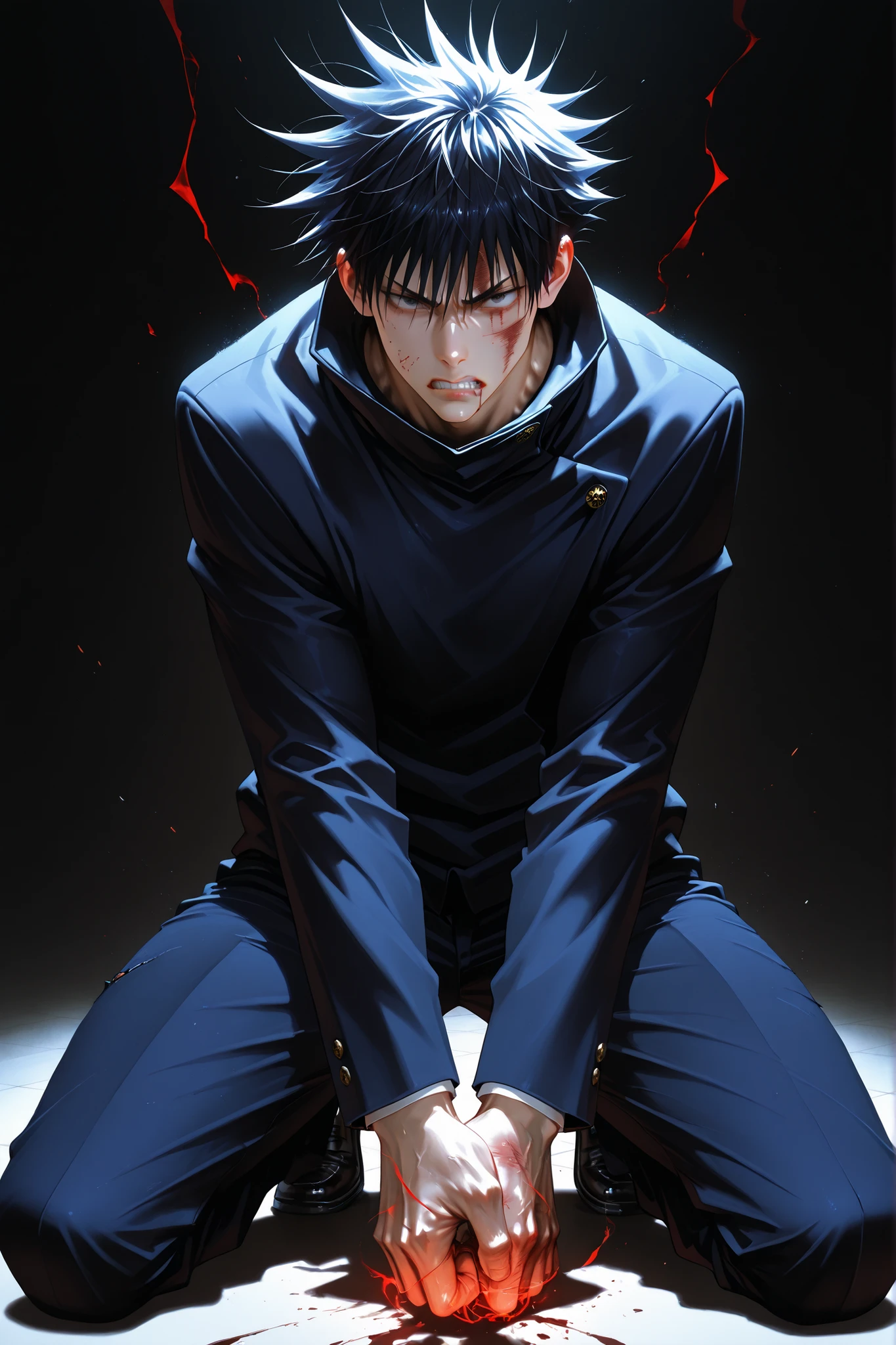 1boy, Megumi Fushiguro, Jujutsu Kaisen inspired, a cool high school boy with spiky black hair, battle-damaged, gritting his teeth, lips slightly stained, torn dark school uniform with a high collar and long sleeves, slightly damaged clothing, bruises and red marks on his face and arms, fierce fighting stance, shadows swirling around him, shadow magic effects, gloomy background, cinematic lighting, dynamic pose, dynamic full-body view from head to thighs, ultra detailed, masterpiece, 8k, best quality, dark background, realistic illustration