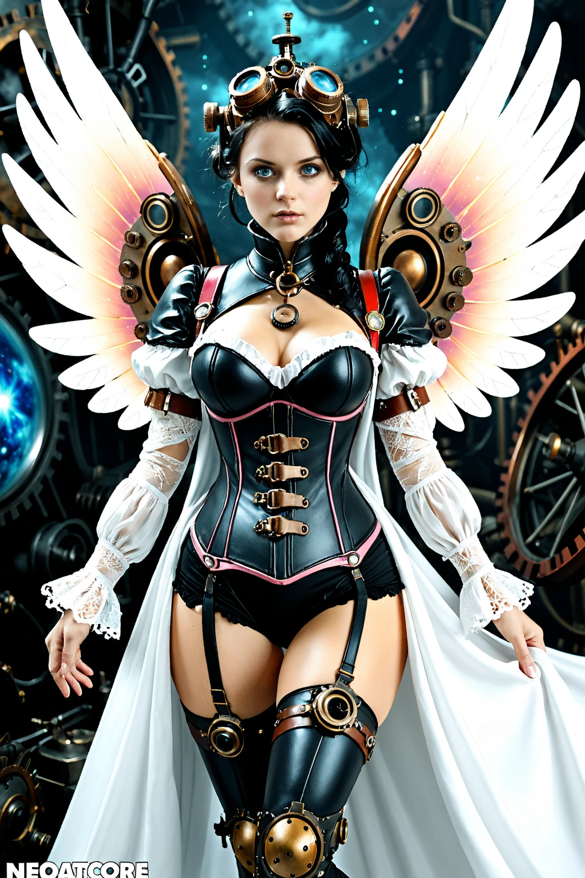 sexy angel with clockwork wings/Mika Mizono, Sand, pink hair, golden eyes, wings, Halation, emotional impact, art inspired by Bill Sienkiewicz
