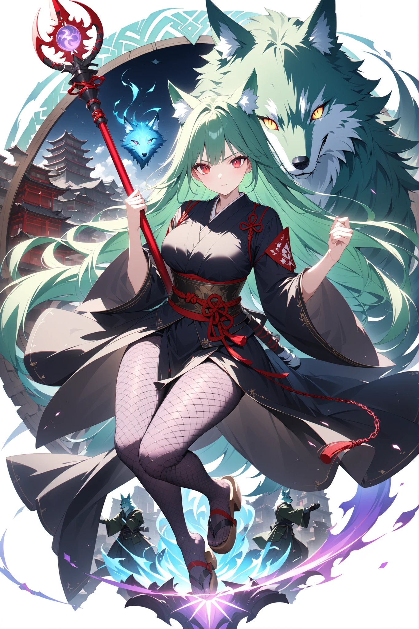 cartoon characters, Full Body, Portrait, green wolf , I'm wearing a crimson chain, purple fishnet tights , Wear wooden clogs on your toes, Clear Red Eyes Giving a Charming Glow, High Resolution Combative Samurai,
Holding a Priest's Staff with Enchantment Granted, If you cast a spell、Summon a Wolf to Use,
Emerging from the emblem of the Shining Magic Circle、あなたに飛び掛かる, dynamic motion blur, Incredibly Powerful and Quick Action,
Blurry Ancient City Backgrounds Jumping Over You, Antique, fantasy fantasy, Mysterious Phantasmal iridescent Magic,
Best Quality,