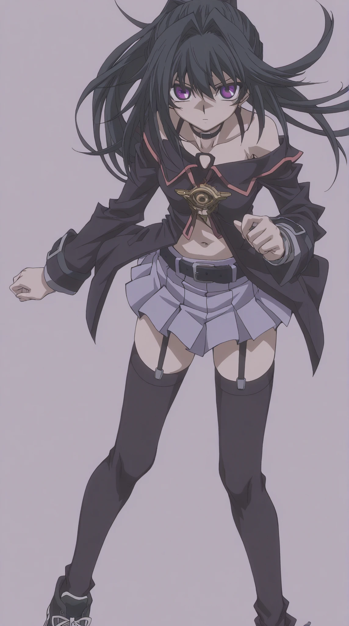 ((best quality)), ((highly detailed)), masterpiece, ((official art)), detailed face, beautiful face, (detailed eyes, deep eyes), (1girl:1.33, solo), <lora:midnightMyHeroAcademia_v10:1>, midnightmha, boku no hero academia, purple hair, very long hair, sky blue eyes, white bodysuit, black breastless corset, thighhighs, thigh boots, (red domino mask), red belt, handcuffs, belt, garter straps, black high heel boots, (pink mist)
