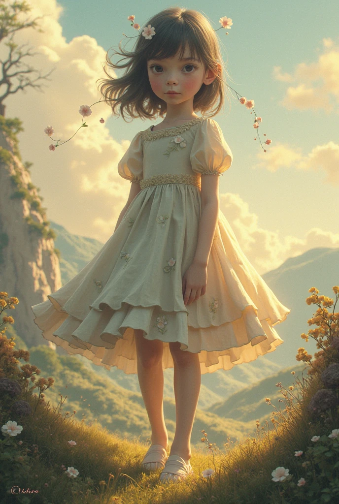 (A high resolution,Ultra - Detalhado),girl child blonde official art, Unity 8k papel de parede, ultra-detalhado, Beautiful and aesthetically pleasing, tmasterpiece, melhor qualidade,saia longa,Menina magra e magra,Use um vestido de tule com diamantes quebrados cintilantes,com capuz,Hood head,The material of the clothes is very light,Estilo Gaia,The clothes are wrapped in an auspicious cloud pattern