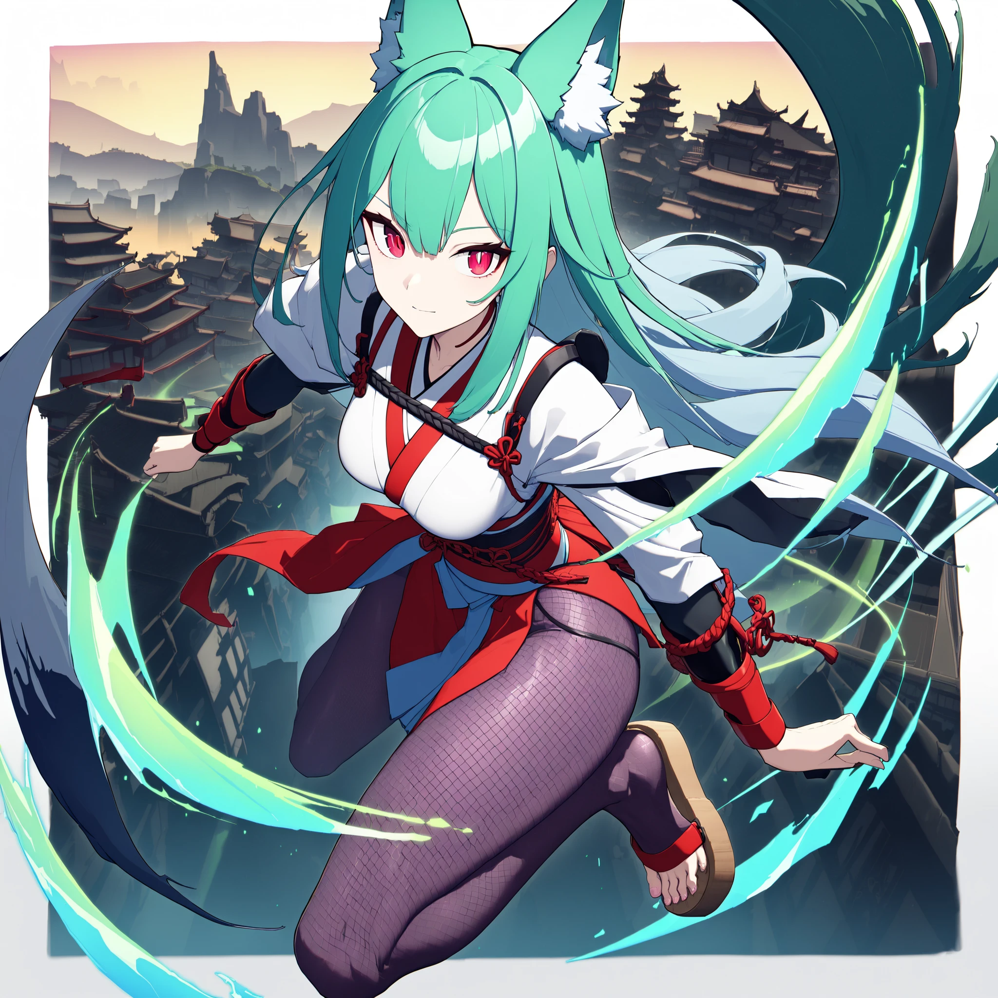 green wolf , I'm wearing a crimson chain, purple fishnet tights , Wear wooden clogs on your toes, Clear Red Eyes Giving a Charming Glow, High resolution combative female samurai, (Zitoida:1.6),
Blurry Ancient City Backgrounds Jumping Over You, Antique, fantasy fantasy, Mysterious Phantasmal iridescent Magic,
Best Quality,
