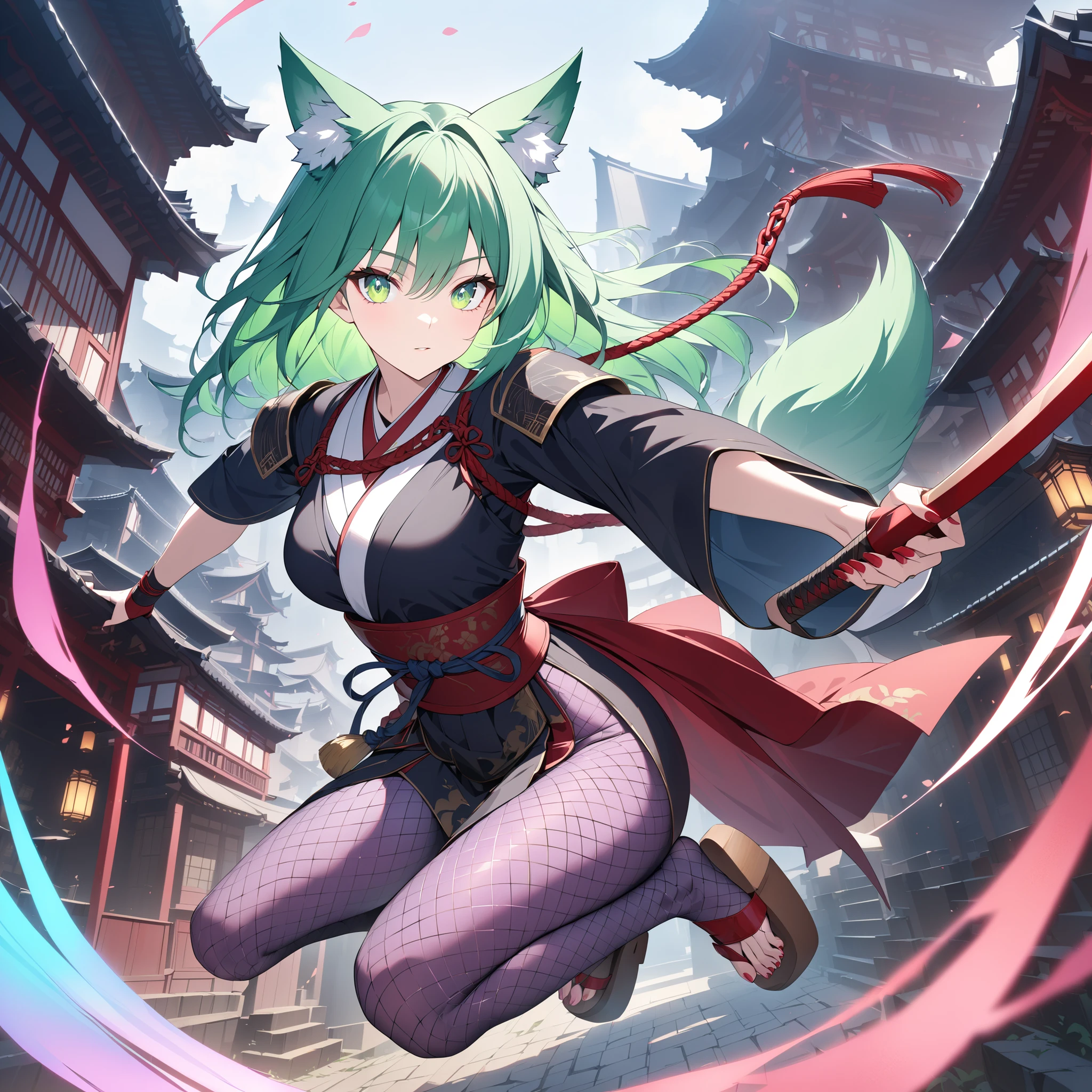 green wolf , I'm wearing a crimson chain, purple fishnet tights , Wear wooden clogs on your toes, Clear Red Eyes Giving a Charming Glow, High resolution combative female samurai, (*eyes:1.6),
Blurry Ancient City Backgrounds Jumping Over You, Antique, fantasy fantasy, Mysterious Phantasmal iridescent Magic,
Best Quality,
